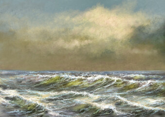 Oil paintings sea landscape, waves on the beach, storm on the sea. Fine art.