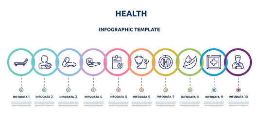 Fototapeta na wymiar health concept infographic design template. included deckchair, woman with flower, 2 pills, travel insurance, stais, medical stethoscope variant, heliport, leaf and drop, broken arm icons and 10
