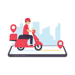The delivery driver drives through a mobile phone with a map screen. online food delivery concept