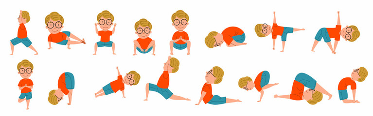 A set of poses for childrens yoga. A boy with glasses does yoga. The kids does various sports exercises. Vector illustration in a flat style.