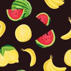 Fruit seamless pattern. Banana, lemon and watermelon. Prints, packaging design, trade, bedding, textiles and wallpapers.