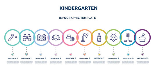 kindergarten concept infographic design template. included blood test, testing glasses, yearbook, shakespeare, engeneering, adjustable lamp, feeder, , sandbox icons and 10 option or steps.