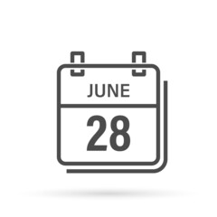 June 28, Calendar icon with shadow. Day, month. Flat vector illustration.