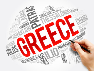 List of cities and towns in Greece, word cloud collage, business and travel concept background