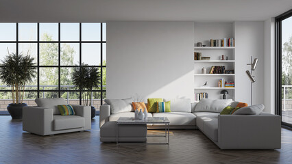Illustration 3D rendering large luxury modern bright interiors Living room mockup computer digitally generated image