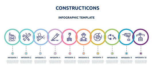 constructicons concept infographic design template. included five meters ruler, work tools cross, paint airbrush, wood saw, crane holding construction panel, constructor hand drawn worker, disc