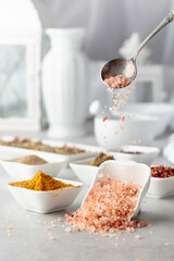 Himalayan pink salt and various spices.