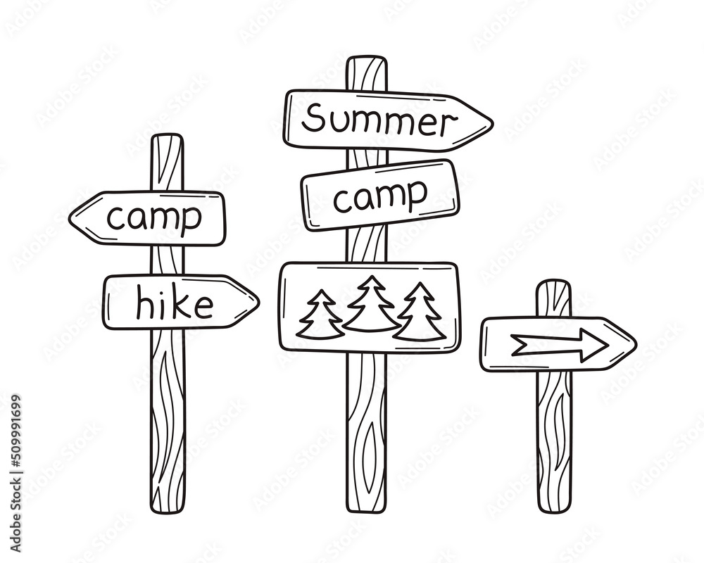 Wall mural set of wooden signposts on a tourist route in doodle hand drawn. way sign to summer camp, hiking tra