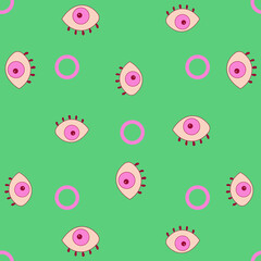 Vector illustration, endless pattern of eyes and lilac circles, on a green background. Eyes, circle, strange look, psychedelic, print, seamless pattern.