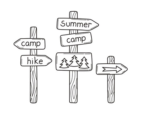 Set of wooden signposts on a tourist route in doodle hand drawn. Way sign to summer camp, hiking trail.  Guidepost with arrow.  Sketch isolated vector illustration