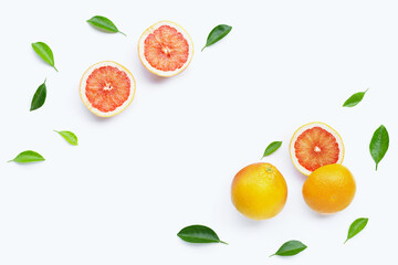 Fototapeta na wymiar Grapefruit with leaves on white