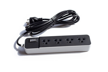 Electrical power strip and plug on white background.