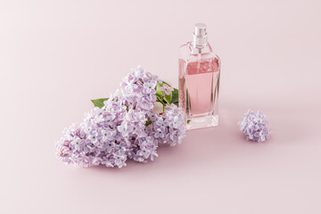 Obraz na płótnie Canvas a transparent bottle of women's perfume, spray or water on a pink background and a branch of fragrant lilacs. template, advertising, layout.