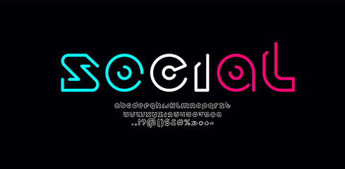 Social alphabet, font made in game style, letters and numbers made lines style
