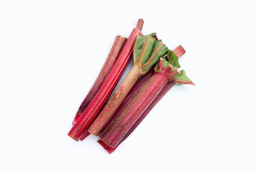 Fresh rhubarb on white background.