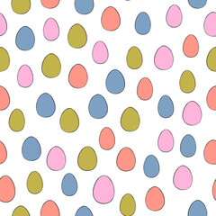 Happy Easter seamless pattern with colorful eggs on white background. Polka dots design for card, postcard, wallpaper, posters. Vector stock illustration. Cartoon style