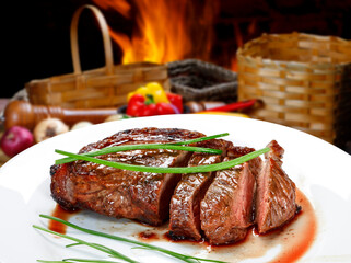 Meat roasted on the grill with charcoal