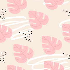 Vector hand drawn seamless pattern with tropical leaves. Monstera, dots and doodles. Modern wallpaper, print for clothes, textiles.