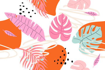 Vector colorful hand-drawn tropical seamless pattern. Modern print with tropical leaves, monstera, banana leaves, spots, dots and doodle. On a white background.