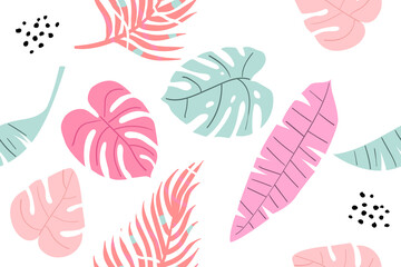 Vector colorful hand-drawn tropical seamless pattern. Modern print with tropical leaves, monstera, banana leaves. On a white background.