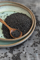 Plate of dry black lentils beans with a spoon on grey table close up, protein source for vegetarian diet