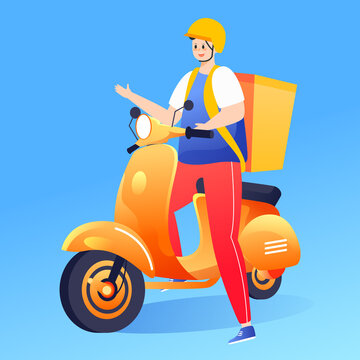 Courier delivering on a motorcycle with various plants and buildings in the background, vector illustration