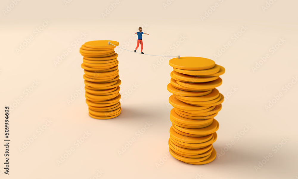 Aufkleber man balancing on a tightrope between two stacks of coins. 3d rendering