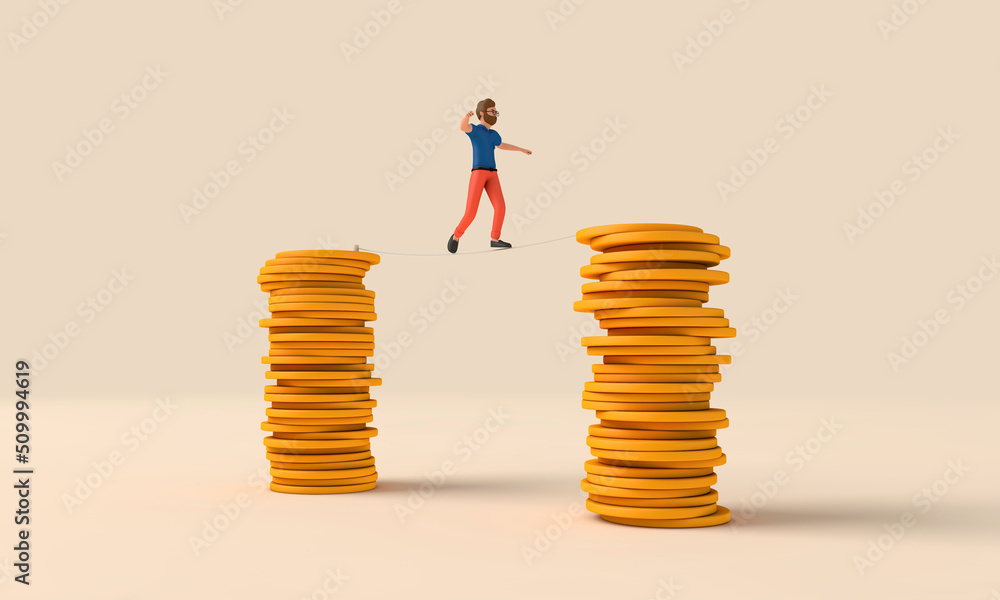 Aufkleber man balancing on a tightrope between two stacks of coins. 3d rendering
