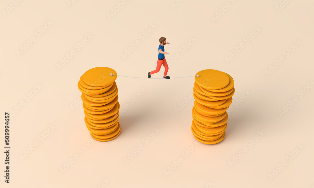 Aufkleber man balancing on a tightrope between two stacks of coins. 3d rendering