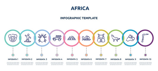 africa concept infographic design template. included monkey, snowboard, mite, , cradle of humankind, sled, squirrel, wolf, scythe icons and 10 option or steps.