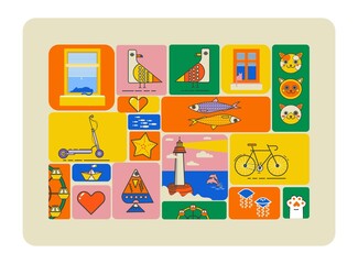 Marine patchwork. Large collection of icons with cats, bicycle, scooter, fish, jellyfish and a lighthouse with dolphins. Best as a postcard. Vector illustration