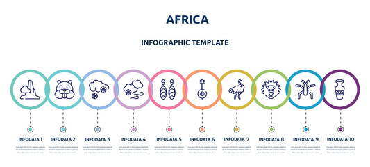 africa concept infographic design template. included pico cao, beaver, snowing, blizzard, earrings, banjo, ostrich, hedgehog, vase icons and 10 option or steps. © VectorStockDesign