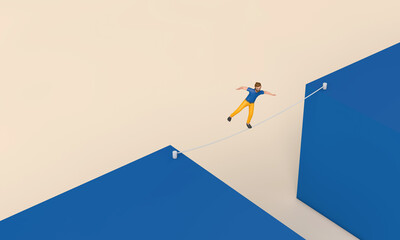 Person walking on a tight rope across a gap. Business challenge concept. 3D Rendering