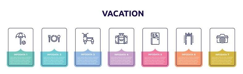 vacation concept infographic design template. included beach umbrella and beach ball, plate with fork and knife cross, sidecar, travelling handle bag, prayer room, airport security portal, digital