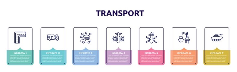 transport concept infographic design template. included broken line, touristic, carsharing, army helicopter bottom view, military helicopter bottom view, harbor, armored vehicle icons and 7 option