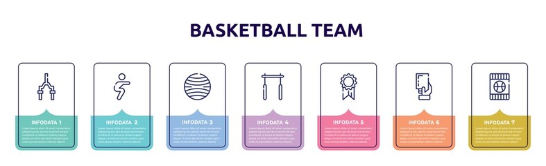 basketball team concept infographic design template. included bicycle fork, squats, yoga ball, horizontal bar, first place, yellow card, blue card icons and 7 option or steps.