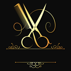 Golden scissors and hairbrush symbol for hair salon. Beautiful frame with a pattern - obrazy, fototapety, plakaty