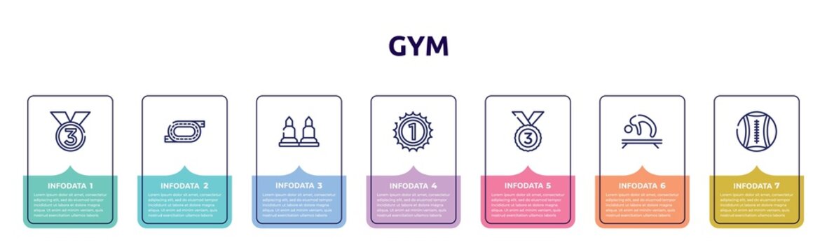 Gym Concept Infographic Design Template. Included Third Place, Race Track, Munition, Number One, Bronze, Gymnastics, Medicine Ball Icons And 7 Option Or Steps.