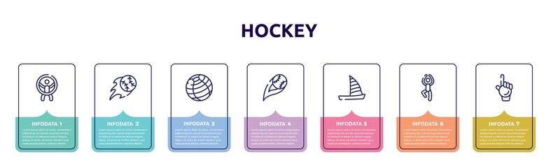 hockey concept infographic design template. included zorbing, home run, fitness ball, strike, catamaran, yoga pose, foam hand icons and 7 option or steps.