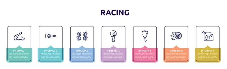 racing concept infographic design template. included drifting, dive light, laurel wreath, tee, lift bag, burnout, oil down icons and 7 option or steps. © VectorStockDesign