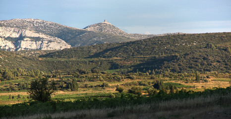 Mountain landscape with the ruins of the medieval Tour de Far tower near Tautavel, Occitanie region...