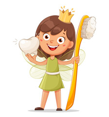 Cute little tooth fairy with crown and toothbrush