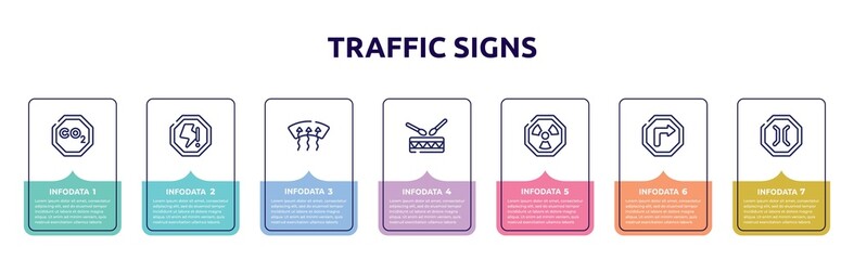 traffic signs concept infographic design template. included co2, lightning warning, windshield defrost, native americandrum, radiactive, right bend, narrow bridge icons and 7 option or steps.