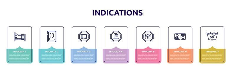 indications concept infographic design template. included dormitory, woman portrait, swings, shower place, site seeing place, restroom, null icons and 7 option or steps.