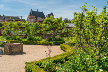 Fototapeta na wymiar F, Loire, Gärten, Schlossgarten von Château la Bussiére, altes Gewächshaus und Frühbeete