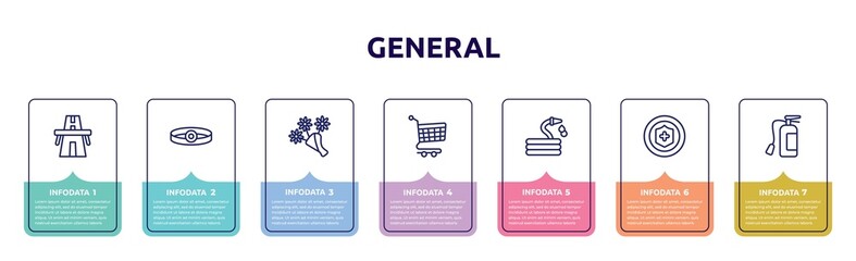 general concept infographic design template. included bridge on avenue perspective, head mirror, daisy bouquet, shopping trolley, hose with drops, insurance with a button, fire estinguisher icons