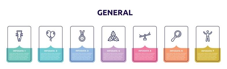 general concept infographic design template. included dyupel, floating balloons, win, mistletoe leaves, balancer, magnifiying glass, man with open arms icons and 7 option or steps.