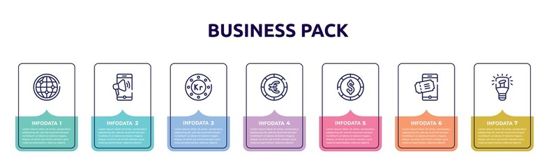 business pack concept infographic design template. included big globe, mobile marketing, null, round euro button, big dollar coin, eticket, light modern lamp tool icons and 7 option or steps.