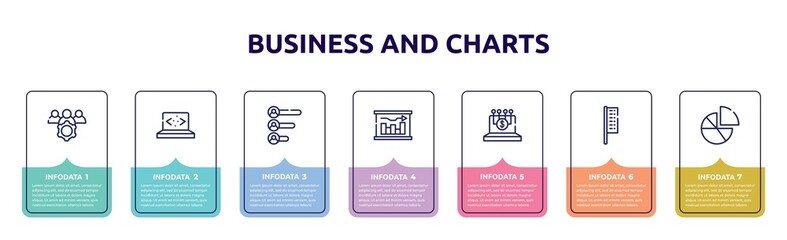 business and charts concept infographic design template. included team management, clean code, voting results, graphical report, digital finance, bow flags, diagrams icons and 7 option or steps.