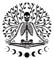 Yoga Skeleton is surrounded by trees and moon phase
